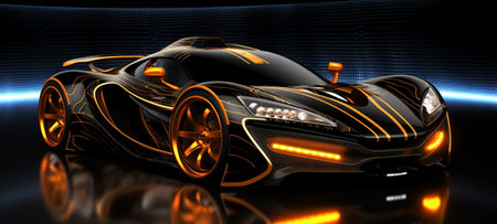 black sports car wallpaper with fantastic neon light effect background. generative aiの素材