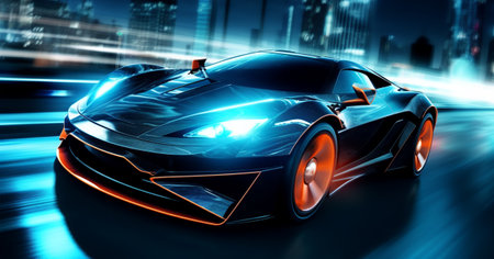 black sports car wallpaper with fantastic neon light effect background. generative aiの素材