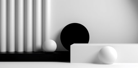 black and white abstract minimalistic background with ball decoration and copy space, generative aiの素材