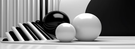 black and white abstract minimalistic background with ball decoration and copy space, generative aiの素材