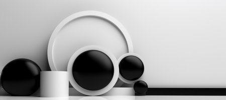 black and white abstract minimalistic background with ball decoration and copy space, generative aiの素材