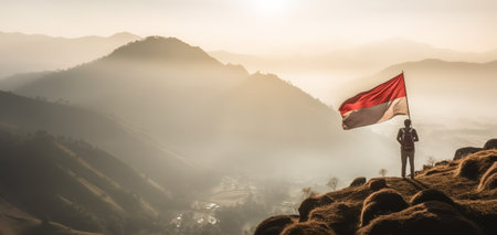 view of a climber raising the Indonesian red and white flag on a mountain with copy space background, generative aiの素材