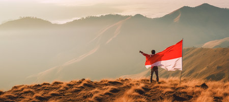 view of a climber raising the Indonesian red and white flag on a mountain with copy space background, generative aiの素材
