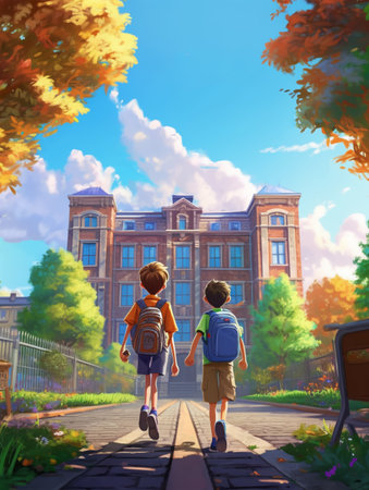 illustration poster of schoolboy running towards school building, back to school concept, generative aiの素材