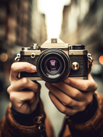 hand holding camera, world photographer day concept, generative aiの素材