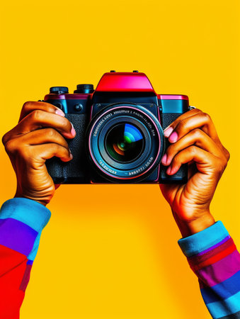 hand holding camera, world photographer day concept, generative aiの素材