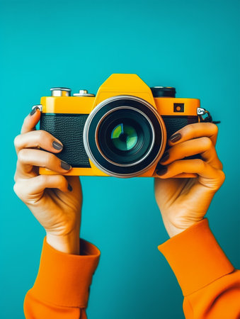 hand holding camera, world photographer day concept, generative aiの素材