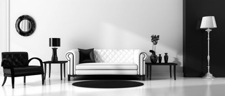 portrait of minimalist style living room interior on black and white background, generative aiの素材