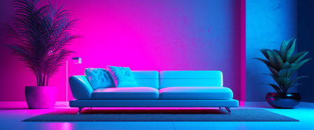 living room interior portrait with colorful neon lighting effect, generative aiの素材