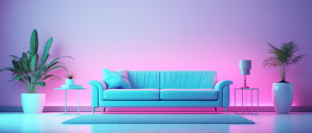 living room interior portrait with colorful neon lighting effect, generative aiの素材