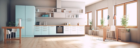portrait of kitchen room interior with kitchenware layout, generative aiの素材