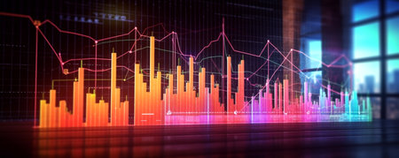 Marketing growth chart graphic background, widescreen with neon lights, generative aiの素材