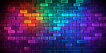 brick wall pattern background with colorful futuristic neon lights. generative aiの素材