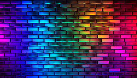 brick wall pattern background with colorful futuristic neon lights. generative aiの素材