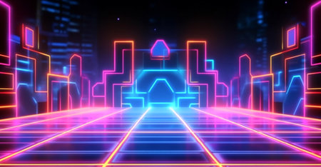 geometric technology background with neon light line effect, generative aiの素材