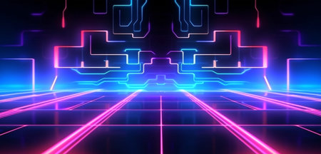 geometric technology background with neon light line effect, generative aiの素材