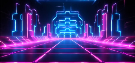 geometric technology background with neon light line effect, generative aiの素材