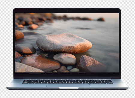 laptop mockup template with display screen nature wallpaper, isolated on transparent background, generative aiの素材
