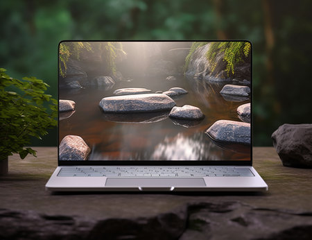 laptop mockup template with display screen with nature wallpaper, generative aiの素材