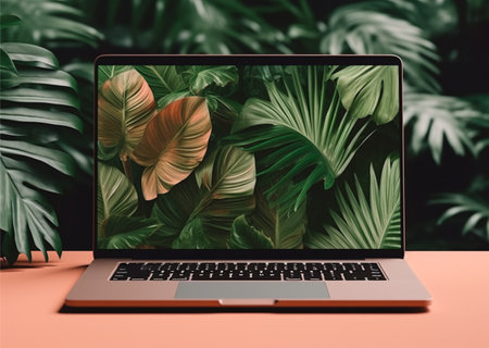 laptop mockup template with display screen with nature wallpaper, generative aiの素材
