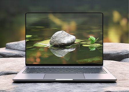 laptop mockup template with display screen with nature wallpaper, generative aiの素材