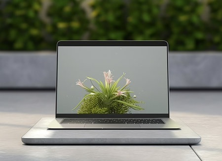laptop mockup template with display screen with nature wallpaper, generative aiの素材