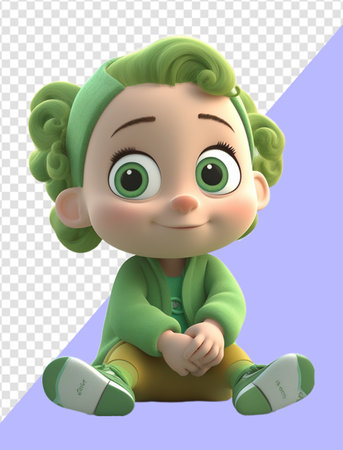 3d illustration of cute adorable baby character with laughing face expression. wear green clothes. generative aiの素材