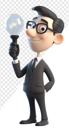 3D Illustration character, a smiling business man is thinking about an idea, with a light bulb icon symbol. generative aiの素材