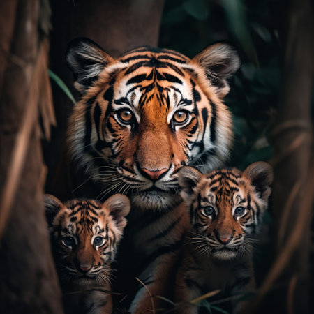 close up detailed portrait of mother and child tiger family animal, generative aiの素材