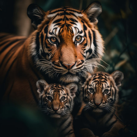 close up detailed portrait of mother and child tiger family animal, generative aiの素材