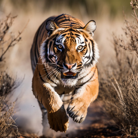 detailed portrait of the tiger animal running, preying, chasing, generative aiの素材