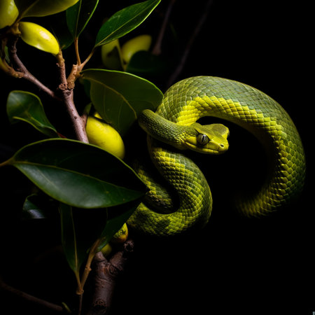 close up portrait of green snake or tree snake isolated on black background, generative aiの素材
