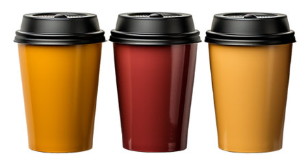 set of plastic glasses with front view, red and yellow with black lids, mockup template, genrative aiの素材