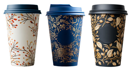 set of plastic cups with front view, luxury design with foliage pattern, mockup template, generative aiの素材