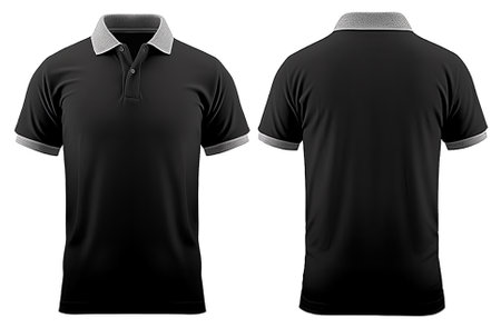 black polo t-shirt mockup design with gray collar, front and back view. isolated on transparent background. generative aiの素材