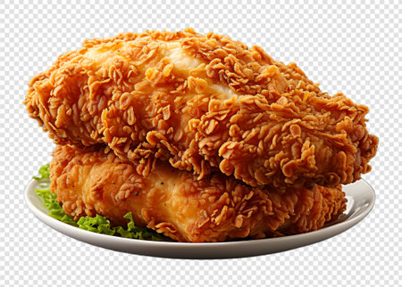 portrait of fried chicken meat served on plate, crispy chicken menu template, isolated on transparent background, generative aiの素材