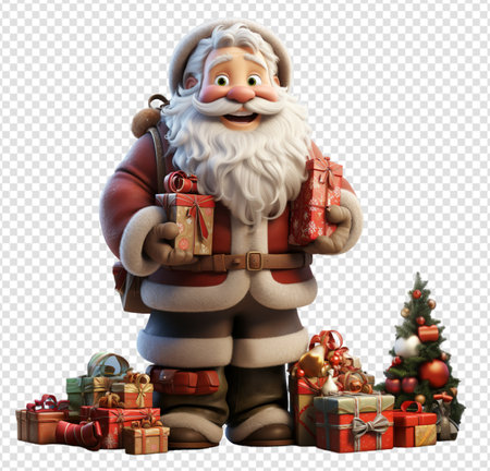 3d illustration of santa claus character with gift box, celebration icon element, isolated on transparent background, generative aiの素材