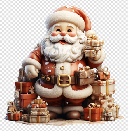 3d illustration of santa claus character with gift box, celebration icon element, isolated on transparent background, generative aiの素材
