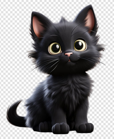 Adorable cute black Cat character on transparent background, generative aiの素材