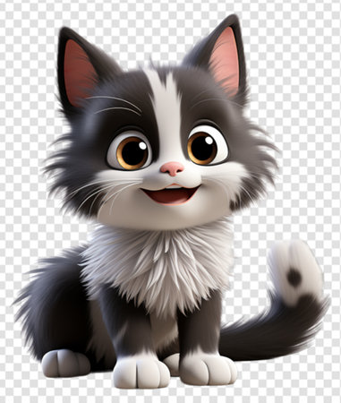 Adorable cute black and white fur cat character on transparent background, generative aiの素材