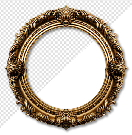 Round shaped antique gold frame decoration with elegant carved decoration, isolated on transparent background, generative aiの素材
