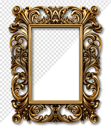 Antique gold frame decoration square shape with elegant carved decoration, isolated on transparent background, generative aiの素材