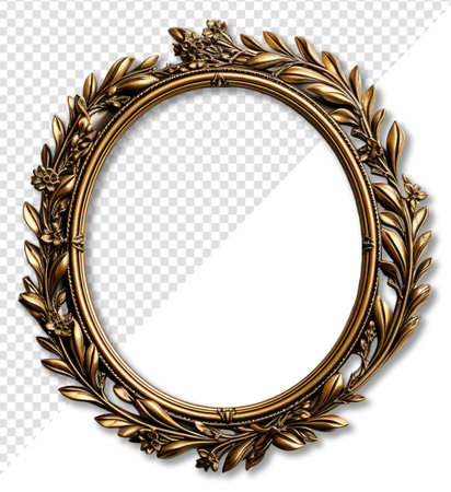 Round shaped antique gold frame decoration with elegant carved decoration, isolated on transparent background, generative aiの素材