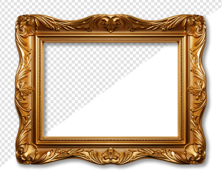 Antique gold frame decoration square shape with elegant carved decoration, isolated on transparent background, generative aiの素材