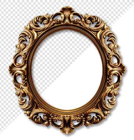 Round shaped antique gold frame decoration with elegant carved decoration, isolated on transparent background, generative aiの素材