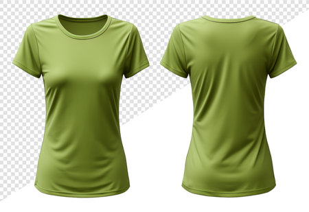 Green plain women's t-shirt mockup with front and back view, isolated on transparent background, genrative aiの素材