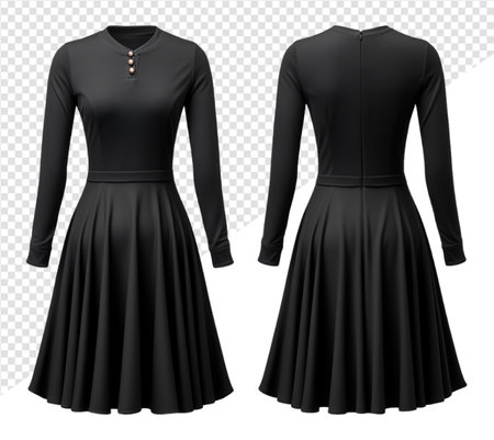 Mockup of a plain black women's dress with front and back views, isolated on a transparent background, generative aiの素材
