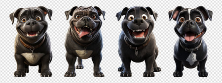 black bulldog portrait collection, standing pose with smiling expression isolated on transparent background, generative aiの素材
