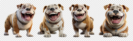 collection of portraits of brown and white bulldogs, standing and sitting poses with smiling expressions, isolated on transparent background, generative aiの素材