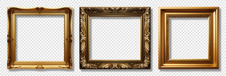 Set of Decorative antique gold frames of square shape with elegant carved decoration, isolated on transparent background, generative aiの素材